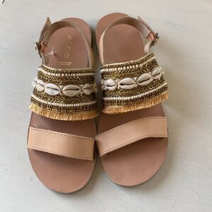 ALDO Belimandra Shell Fringed Beaded Embellish Ankle Strap Flat Sandals Size 6